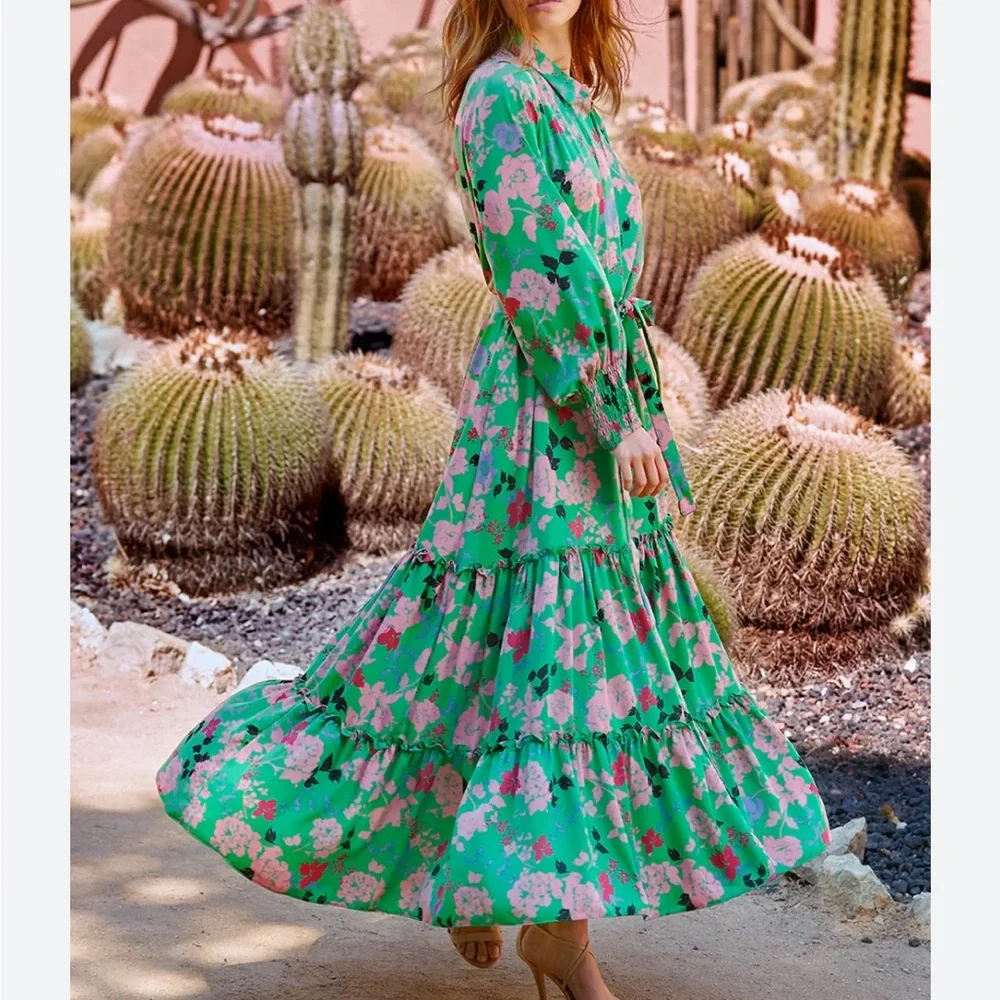 Like New Misa Los Angeles Esme Peony Green Long Sleeve Maxi Dress with Collar - Picture 3 of 9